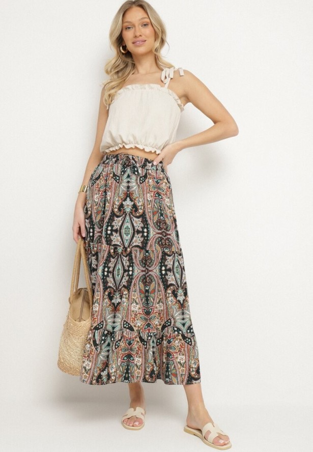 Beżowo-Czarna Wiskozowa Spódnica ze Wzorem Paisley Ellishea