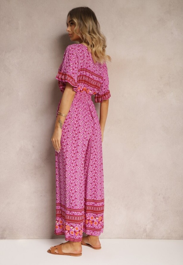 Fioletowy Kopertowy Kombinezon Bawełniany z Cienkimi Gumeczkami w Pasie Zapinany na Szyi Orithiama