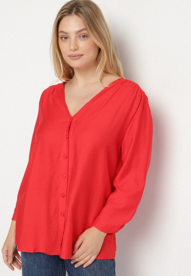 Czerwona Koszula z Wiskozy Ozdobiona Marszczonymi Rękawami i Guzikami Lanorea