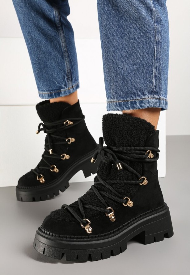 Czarne Sznurowane Śniegowce na Platformie z Ociepleniem Innathiel