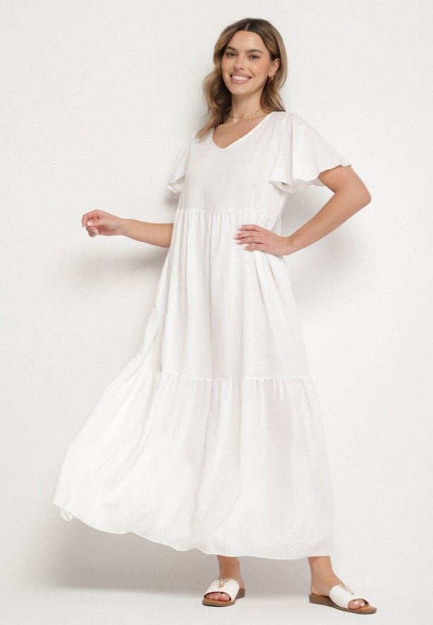 Biała Sukienka z Wiskozy o Rozkloszowanym Kroju Nattalana