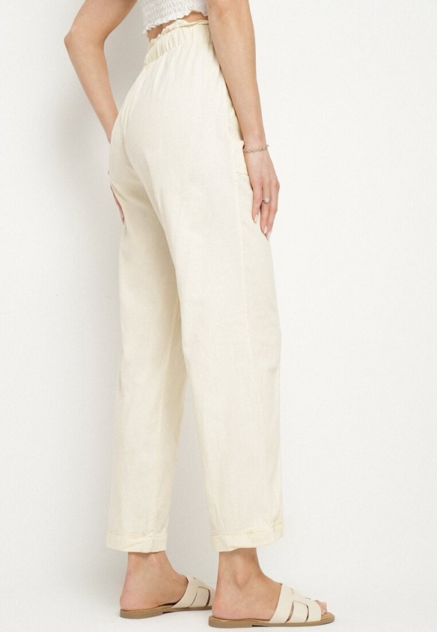 Jasnobeżowe Bawełniane Spodnie z Wysokim Stanem i Ozdobnym Wiązaniem Vilwia