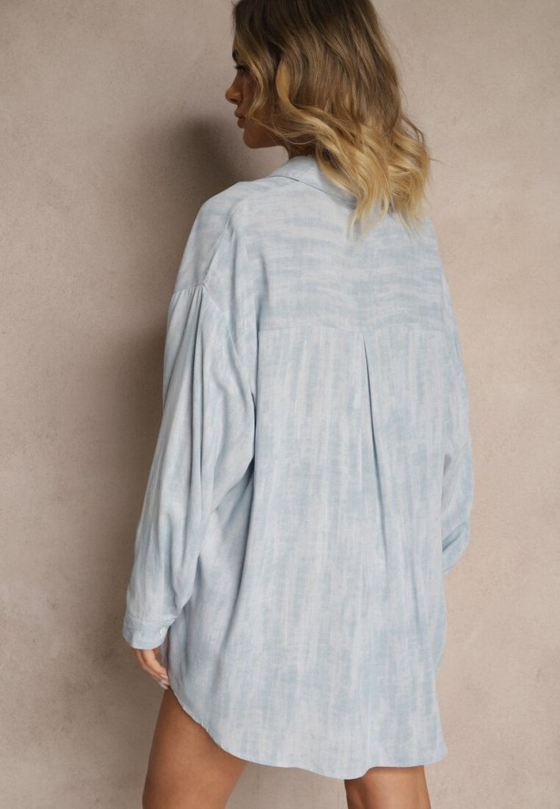 Niebieska Wiskozowa Koszula z Lnem Zdobiona Abstrakcyjnym Wzorem Redilia