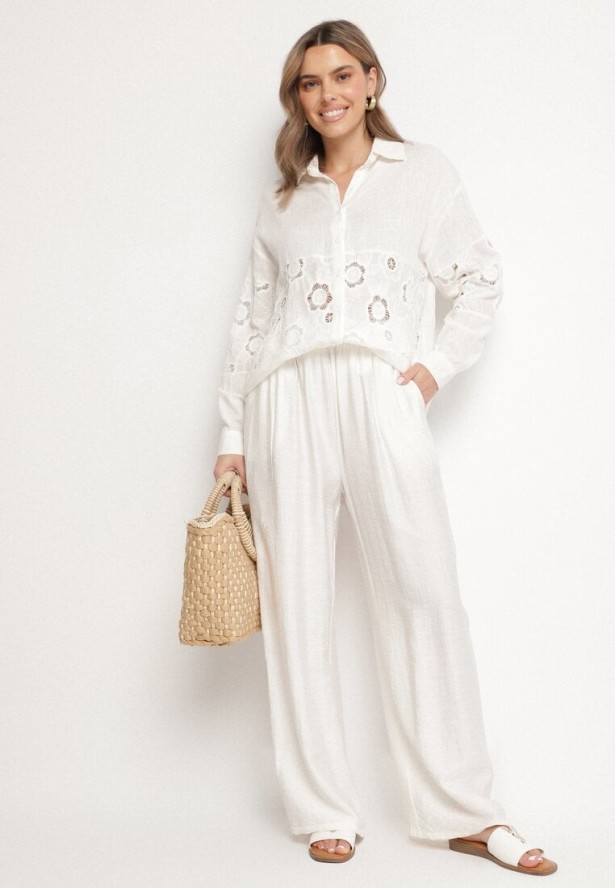 Biała Koszula z Lnem o Kroju Oversize z Ażurowymi Zdobieniami Dannilea