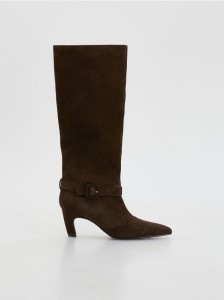 Skórzane kozaki na obcasie - ciemnobrązowy