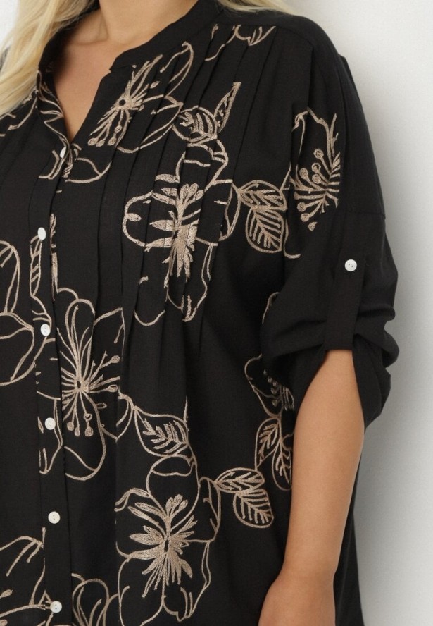 Czarna Koszula z Bawełną w Haftowane Kwiaty Tolarea