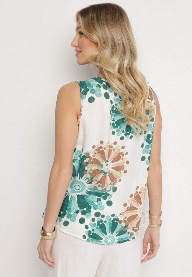 Zielono-Beżowa Bluzka Top z Bawełny z Motywem Kwiatowym Ameliene