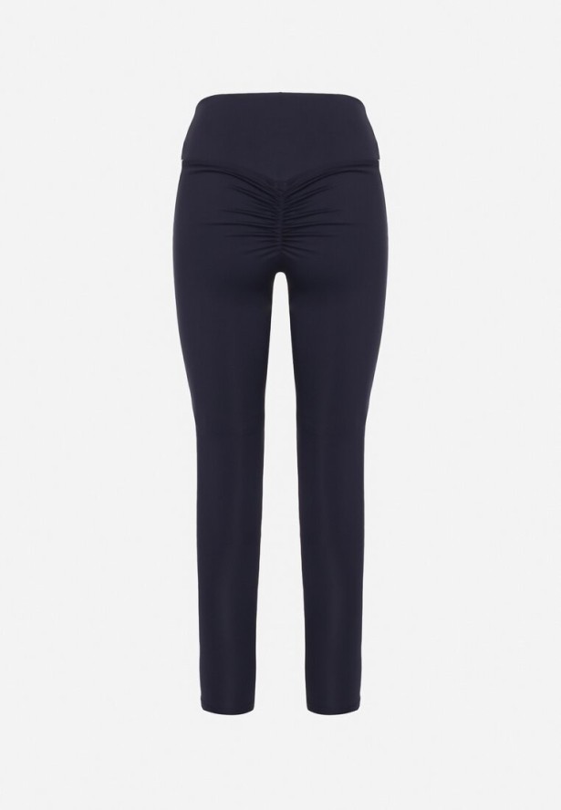 Granatowe Elastyczne Legginsy z Efektem Push-Up Ozdobione Lampasami Akeria