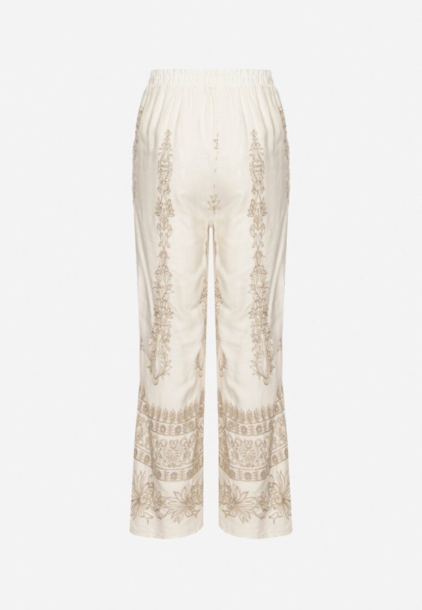 Beżowe Spodnie Szerokie z Bawełną Lnem Wysokim Stanem i Haftami Liriane