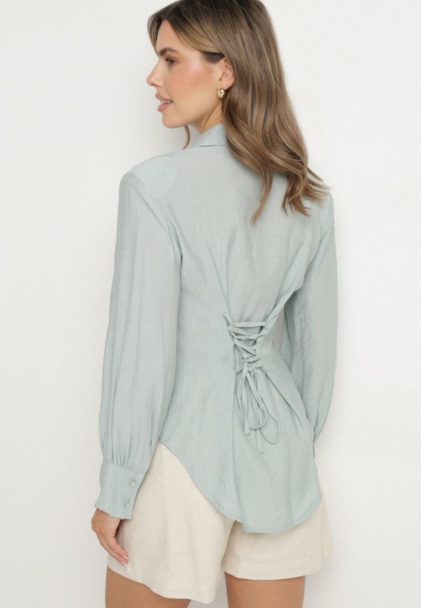Jasnozielona Koszula z Usztywnionymi Ramionami Ozdobiona Sznurkiem Meroriela