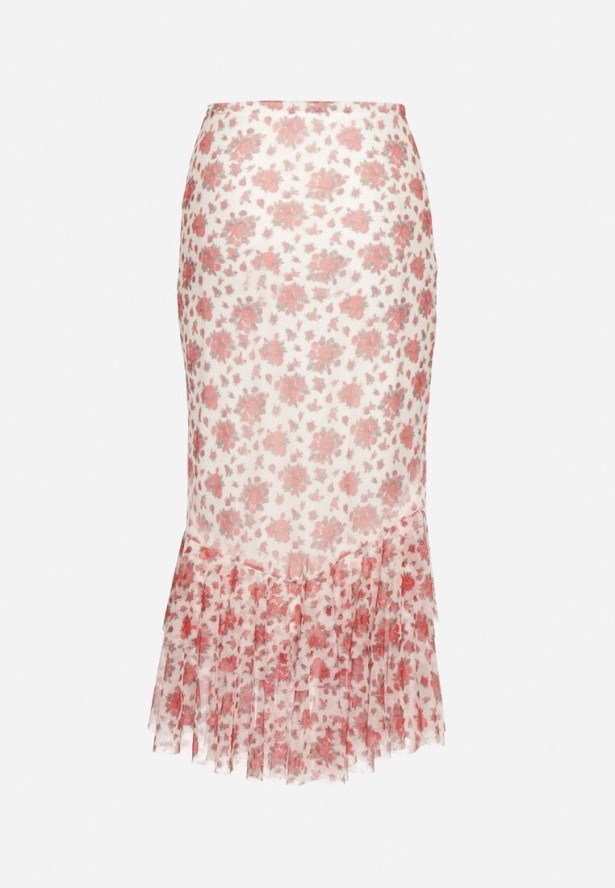 Biało-Czerwona Spódnica o Dopasowanym Kroju Zdobiona Falbanką Efririsse