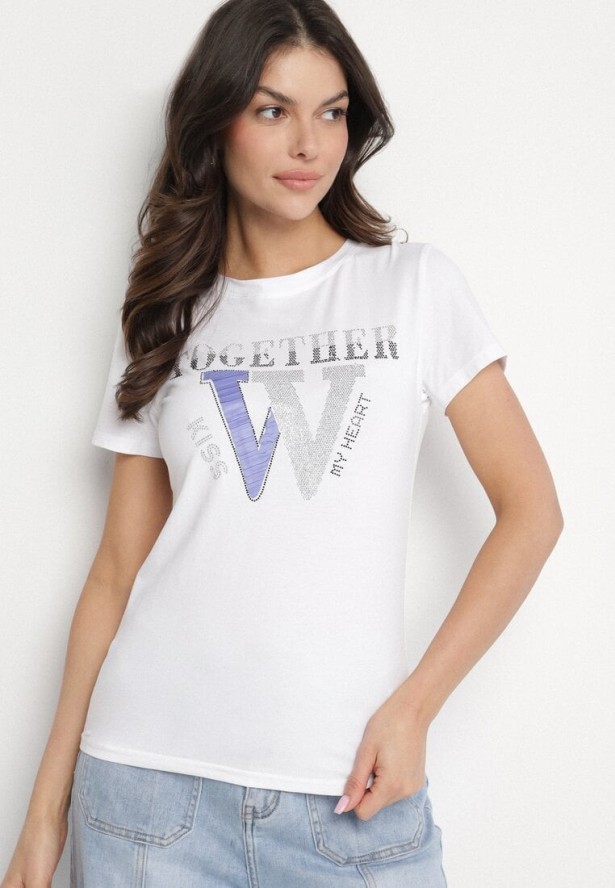 Biały T-shirt z Bawełny Ozdobiony Napisem i Cyrkoniami Raltebis