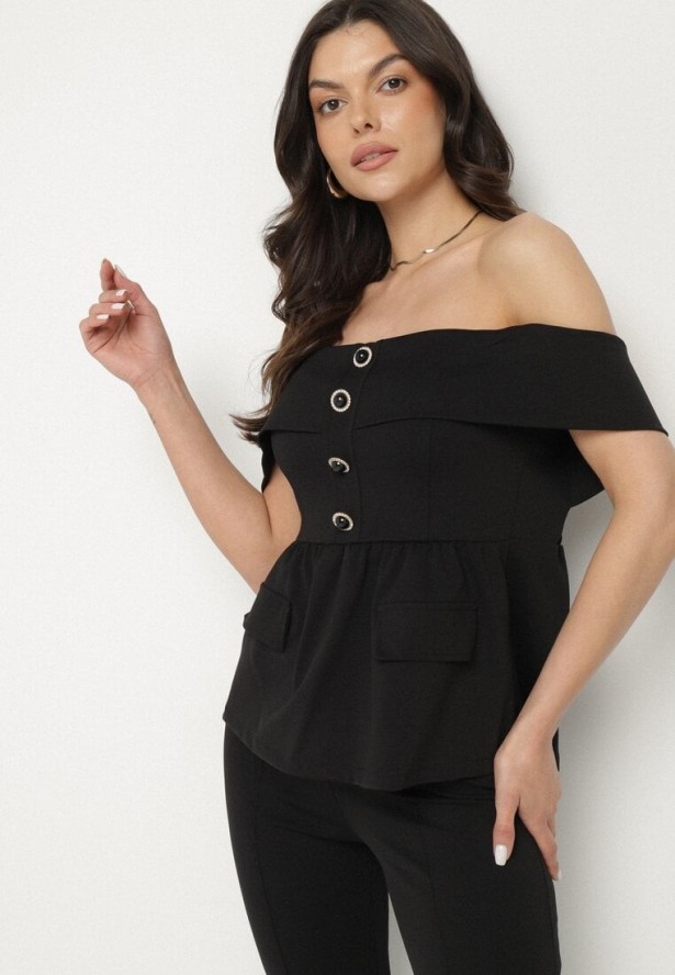 Czarny Komplet Garniturowy Bluzka Hiszpanka z Guzikami i Spodnie Dzwony Yaskio