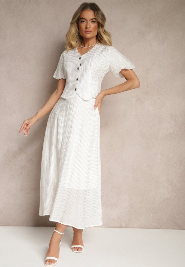 Biały Komplet z Wiskozy Koszula i Spódnica o Rozkloszowanym Kroju Nanorela