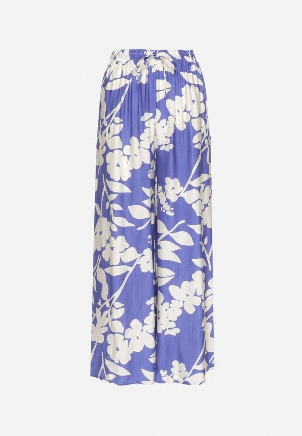Niebieskie Wiskozowe Spodnie o Szerokim Kroju z Wysokim Stanem w Kwiaty Neorilia