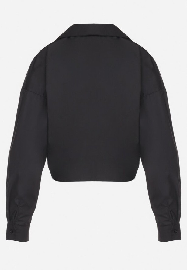 Czarna Bawełniana Koszula o Krótkim Kroju z Wiązaniem i Ozdobnymi Guzikami Lililva