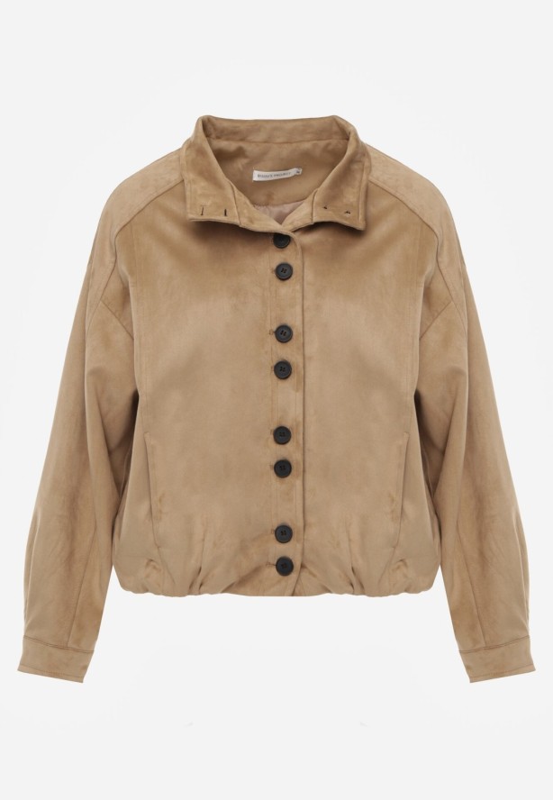 Jasnobrązowa Kurtka w Stylu Bomberki z Ozdobnymi Guzikami Polimi