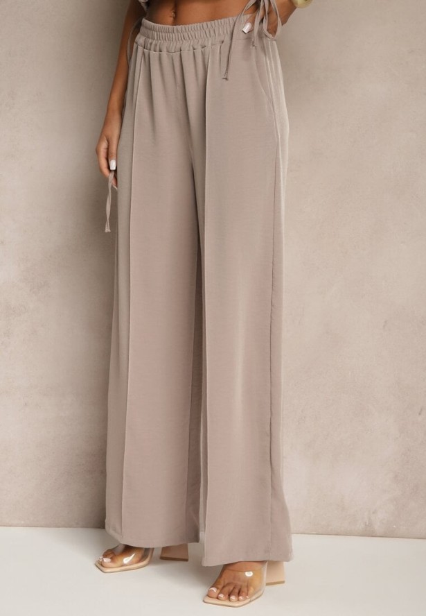 Jasnobrązowy Komplet Spodnie o Szerokim Kroju i Kopertowa Bluzka ze Ściągaczem Reavilora