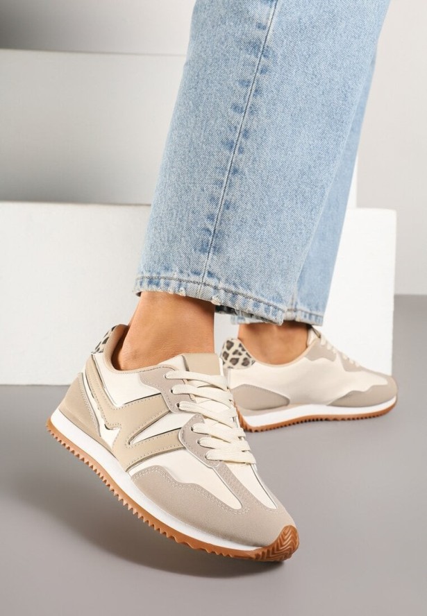 Beżowe Sneakersy z Metaliczną Lamówką i Geometrycznym Wzorem Tosvella