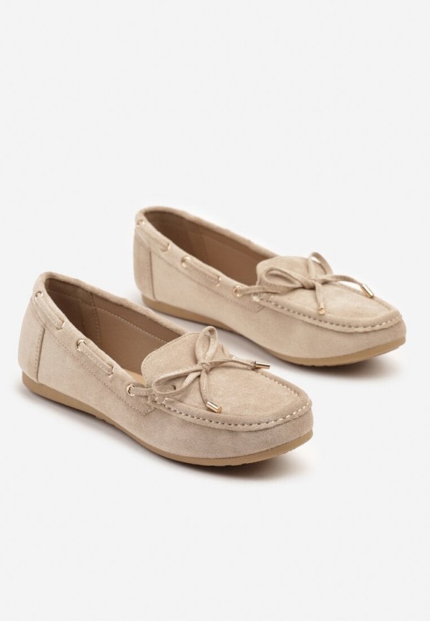 Ciemnobeżowe Mokasyny z Imitacji Zamszu z Wiązaną Kokardą Sonarilia