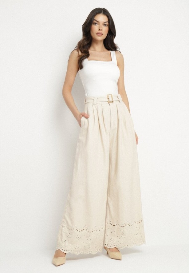 Beżowe Spodnie Szerokie z Bawełny Ozdobione Haftem z Paskiem Ulsemi