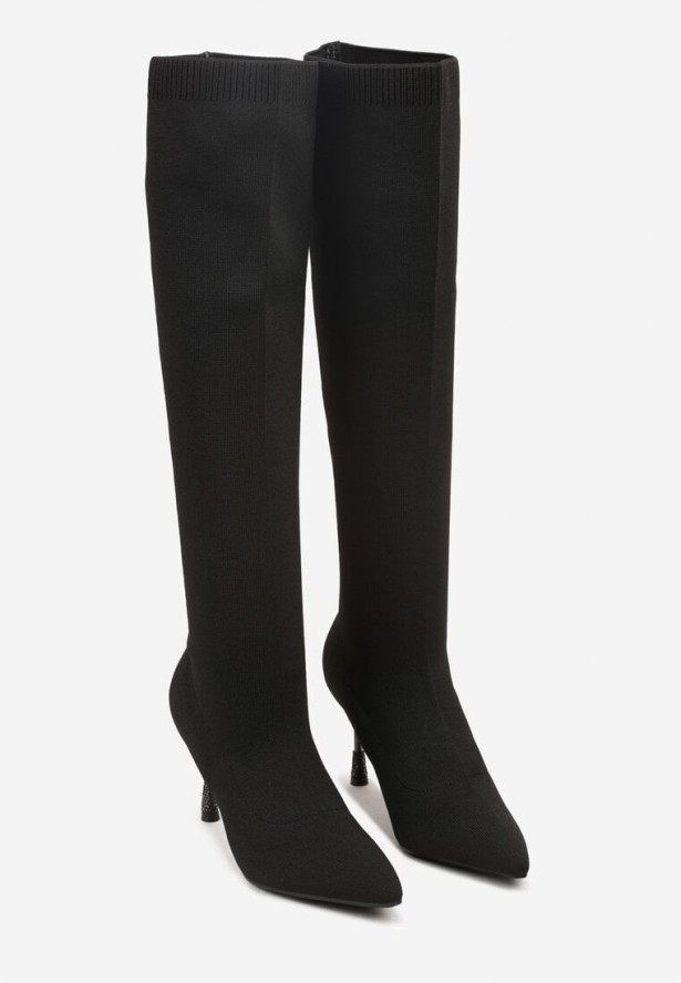 Czarne Skarpetkowe Kozaki Vices na Ozdobnym Obcasie z Cyrkoniami Nilritisa