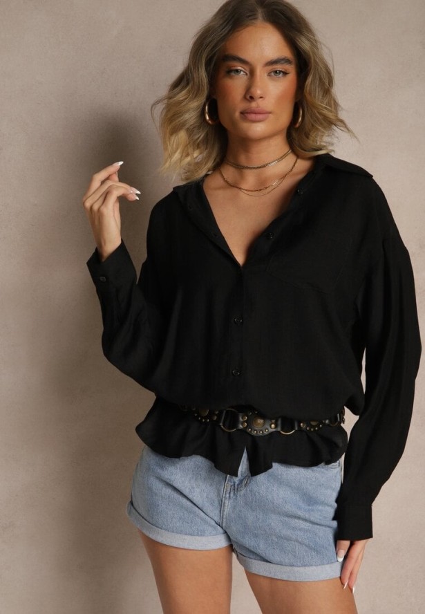 Czarna Koszula z Wiskozy z Ozdobną Kieszonką Dovanna