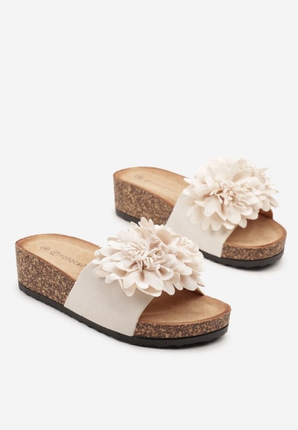 Beżowe Klapki na Koturnie i Platformie z Kwiatem 3D Odienne