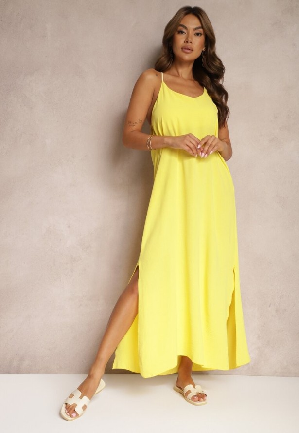 Żółta Sukienka na Ramiączkach o Taliowanym Kroju Rivatta