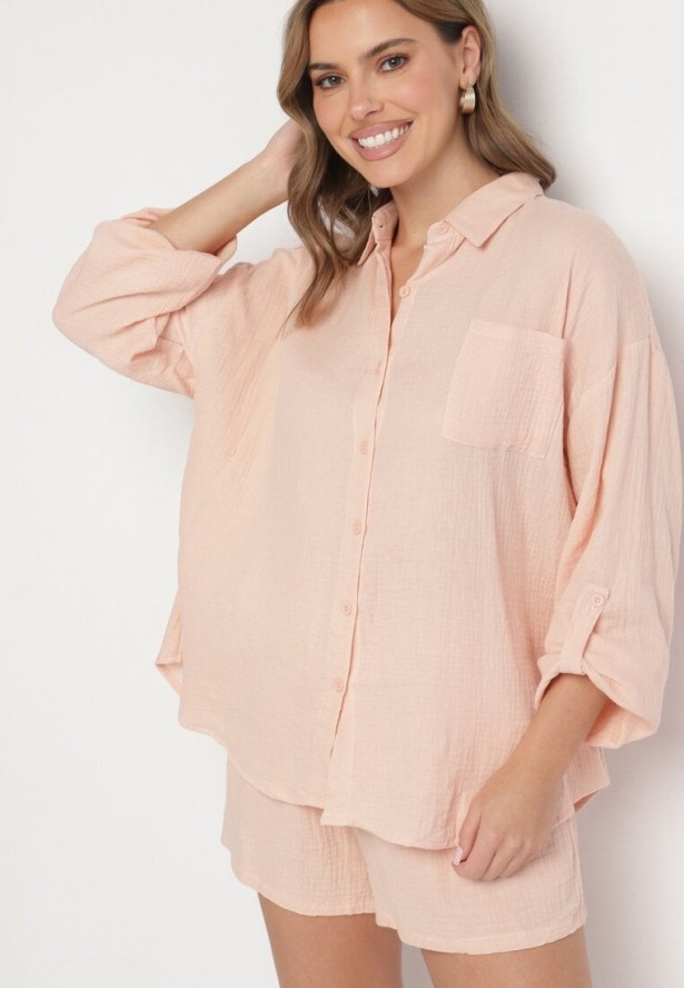 Jasnoróżowy Bawełniany Komplet Koszula z Regulowanymi Rękawami i Szorty Eleadelle