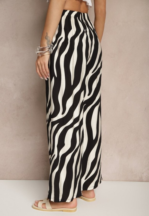 Czarno-Białe Spodnie o Szerokim Kroju High Waist Ozdobione Paskami Lisamelia