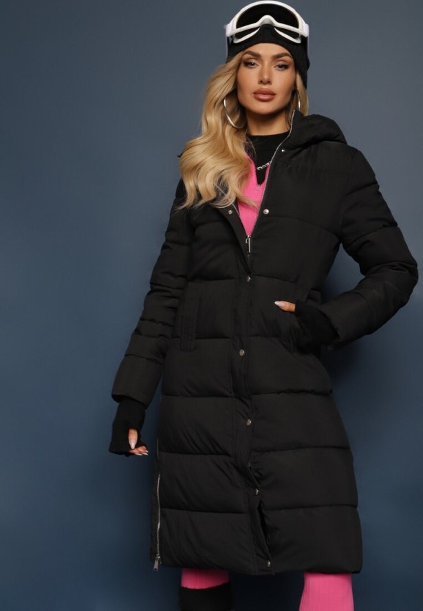 Czarna Pikowana Długa Kurtka z Kapturem i Napami Tisima