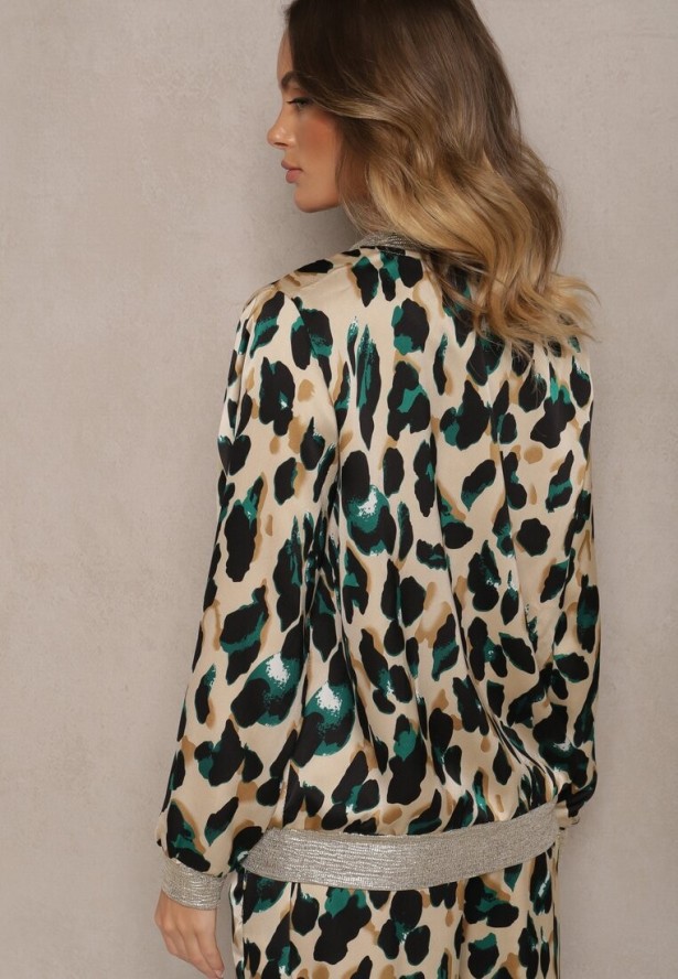ZIelono-Beżowa Panterkowa Kurtka w Stylu Bomberki Ozdobiona Ściągaczami Rinnovaria