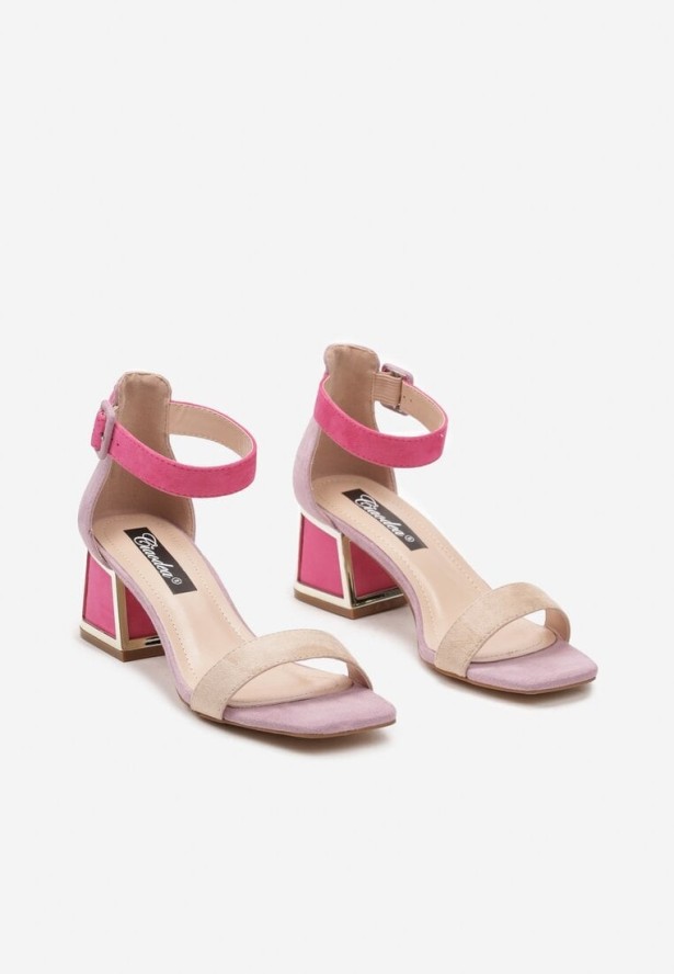 Beżowo-Różowe Sandały z Ozdobnym Obcasem z Imitacji Zamszu Avithalea