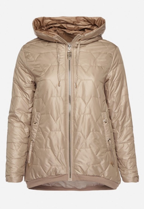 Ciemnobeżowa Kurtka Pikowana o Pudełkowym Kroju z Kapturem Nusolea