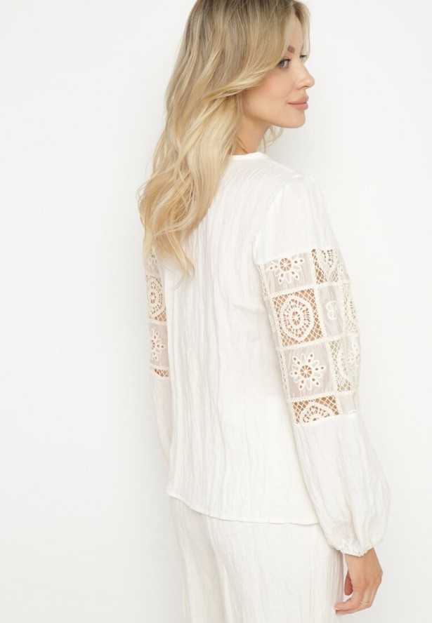 Beżowa Bawełniana Koszula z Bufiastymi Rękawami z Haftem i Koronką Meledis