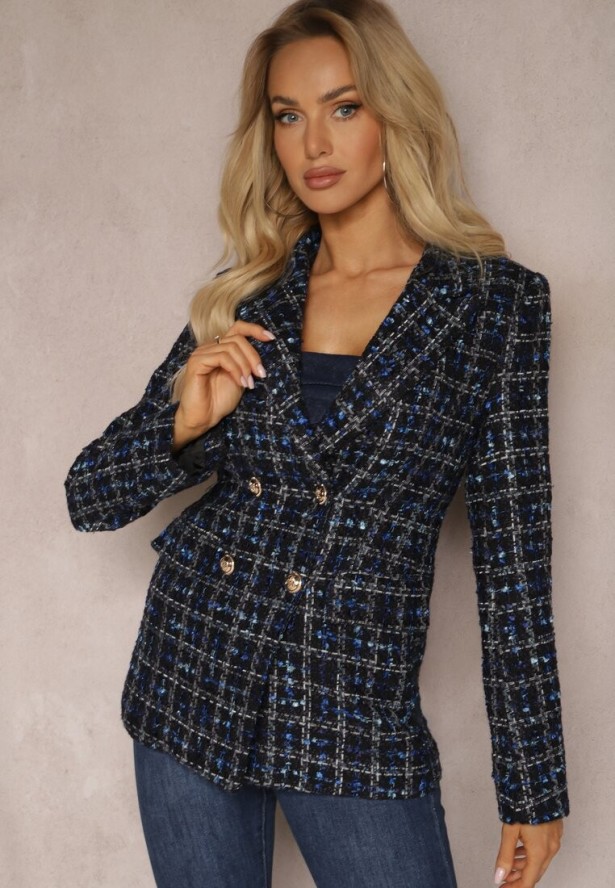 Czarno-Granatowa Tweedowa Marynarka Dwurzędowa Zapinana na Biżuteryjne Guziki Nallet