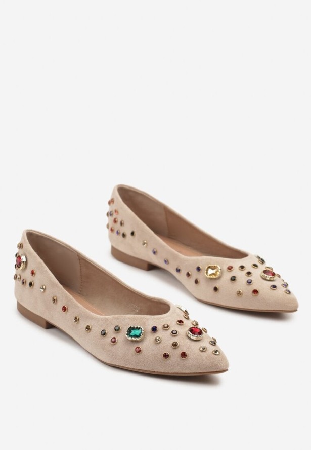 Ciemnobeżowe Balerinki Ozdobione Kolorowymi Kamykami Ulianisea