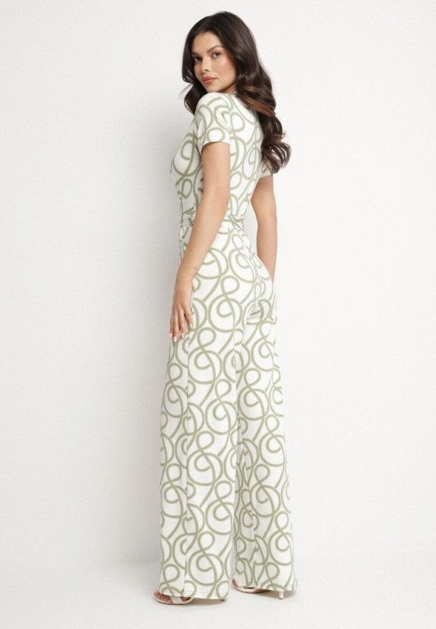 Zielony Kombinezon z Wiskozą o Kopertowym Kroju w Abstrakcyjny Wzór Evivira