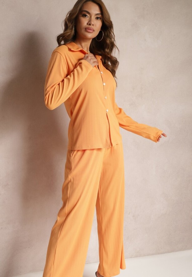 Pomarańczowy Komplet Casualowy Szerokie Spodnie z Gumką w Pasie i Koszula Sansia