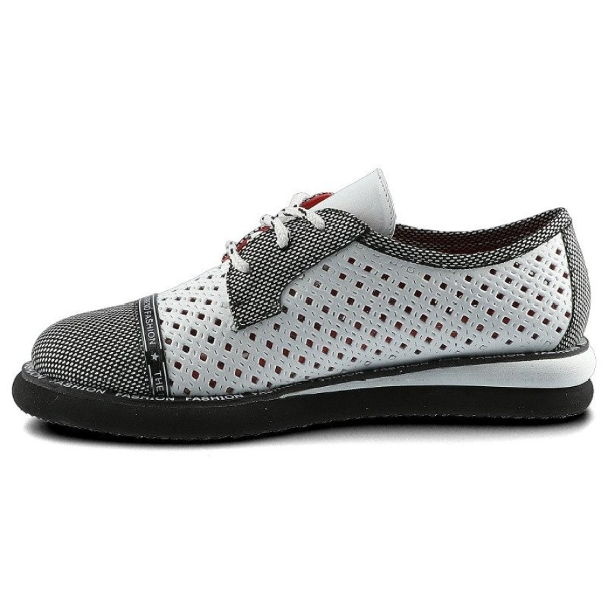 Półbuty damskie Lanqier, wykonane z materiału o otwartej ażurowej strukturze z kontrastowymi wzmocnieniami z klasycznym sznurowaniem, białe, 46C2339