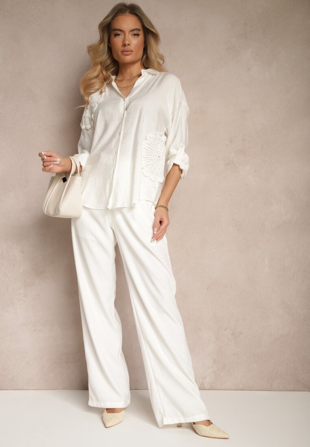 Biała Koszula Oversize z Lnu i Wiskozy Zdobiona Aplikacjami z Kwiatami Varreia