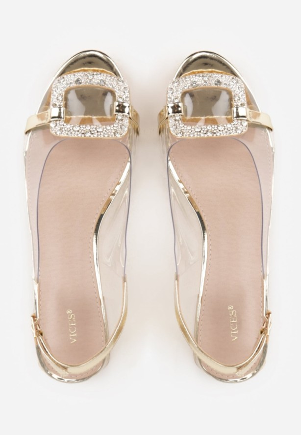 Złote Eleganckie Sandały VICES z Transparentną Cholewką i Klamrą z Cyrkoniami Qinieth