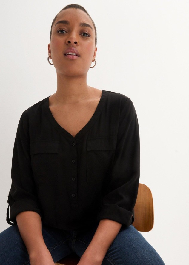 Bluzka z wiskozy z dekoltem w serek, długi rękaw