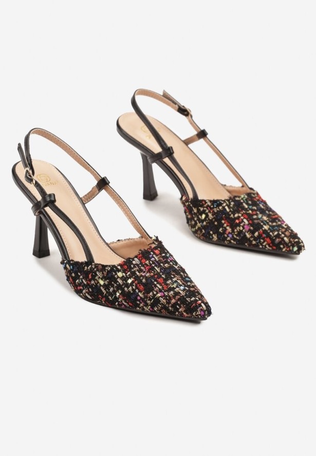 Czarne Tweedowe Szpilki Typu Slingback z Noskiem w Szpic Binea