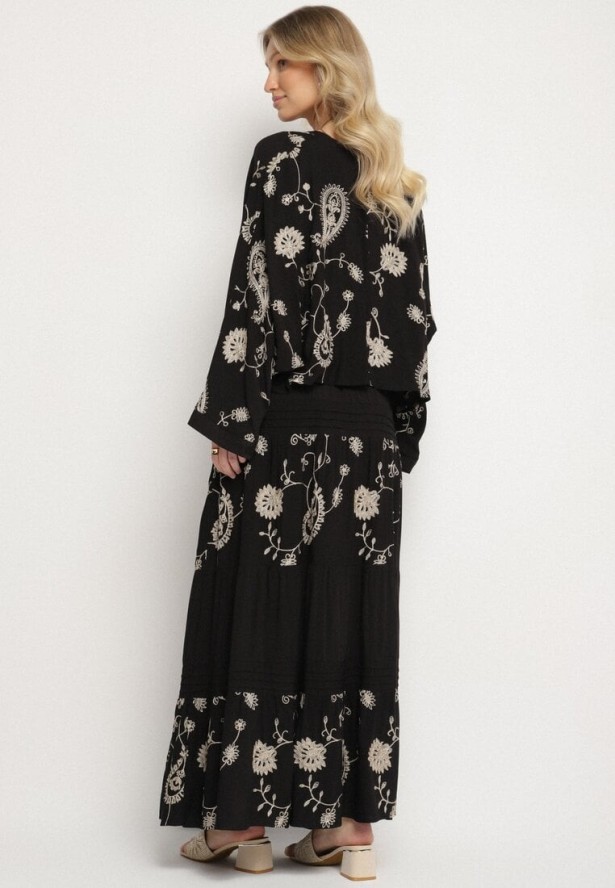 Czarny Komplet z Wiskozy w Stylu Boho Koszula Nietoperz i Spódnica Sepalisse