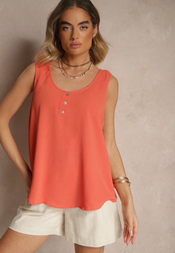 Pomarańczowy Top z Bawełną Ozdobiony Guzikami Ulosiella