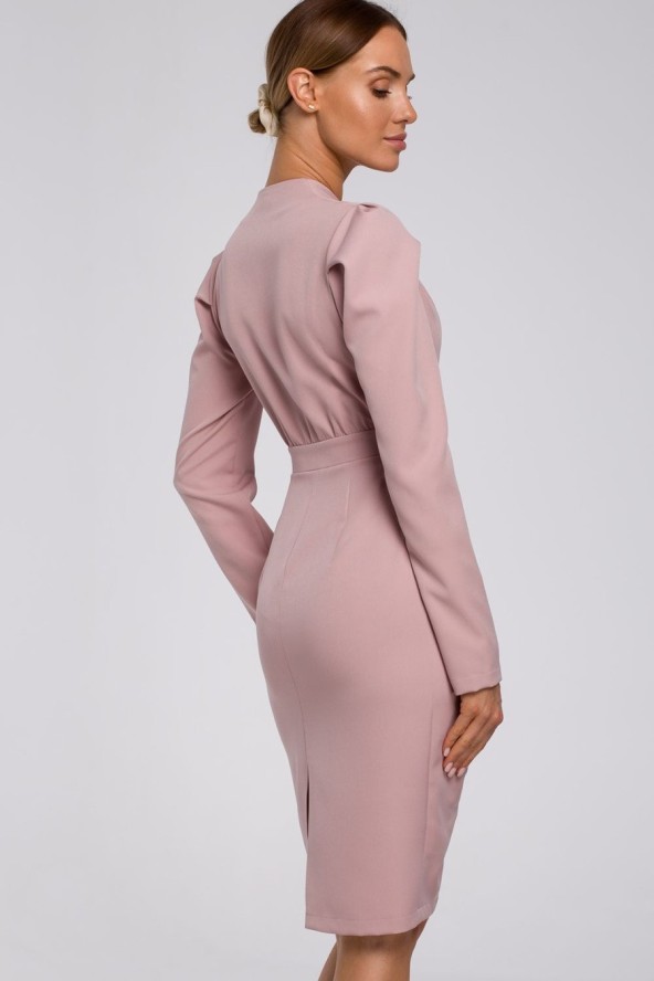 Sukienka elegancka kopertowa sukienka midi z marszczeniami pudrowy róż