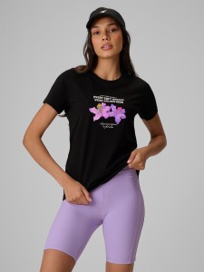 4F T-shirt regular z nadrukiem damski - czarny XS