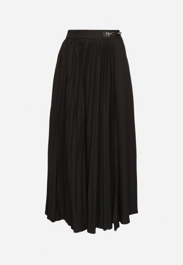 Czarna Trapezowa Spódnica Plisowana z Wiskozą Ozdobiona Klamrą Calemi